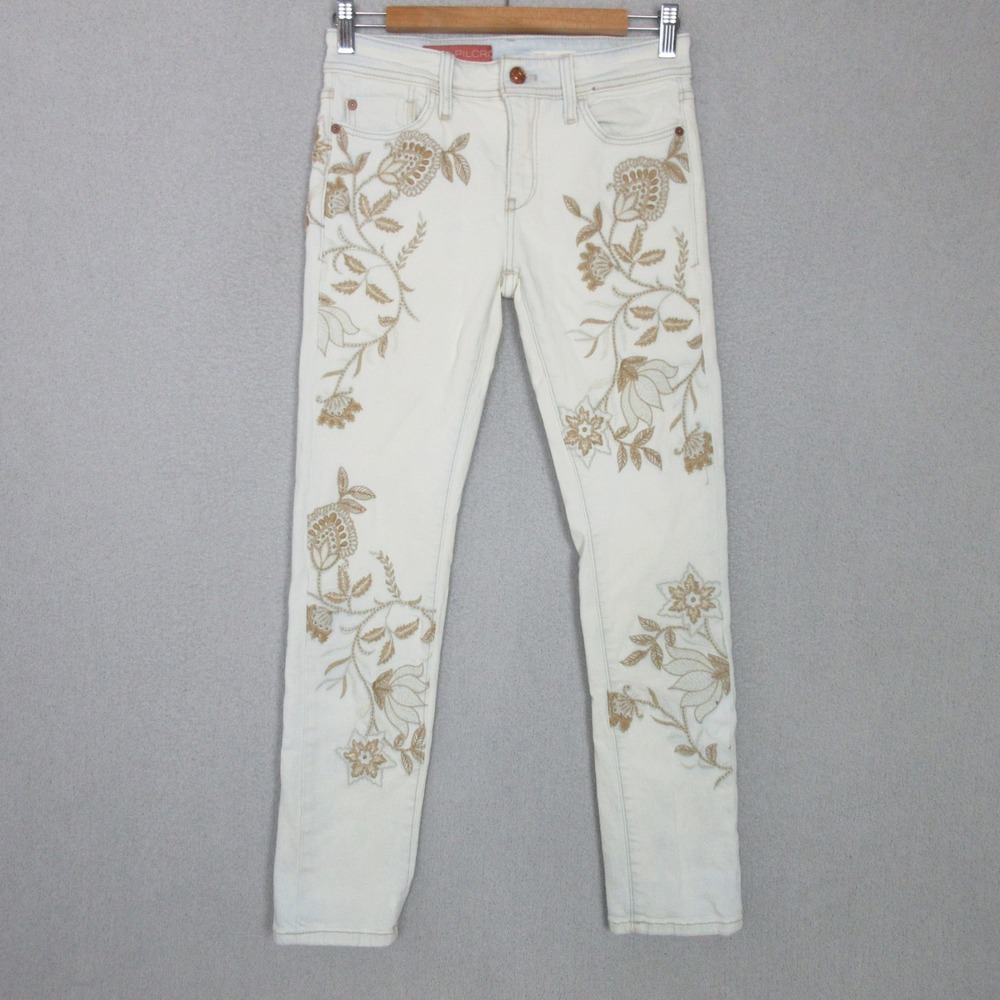 Pilcro Anthropologie Slim Boyfriend Jeans 25 Floral Embroidered Light Wash White